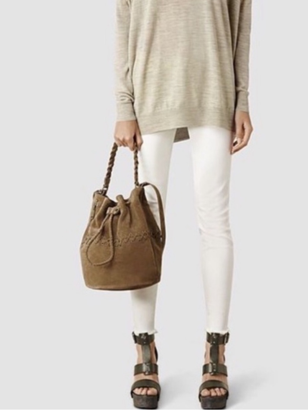 All Saints Estate Shoulder Brown Suede Braided Drawstring Bucket Bag Crossbody - Picture 12 of 12